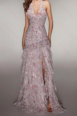 Halter Sequin Prom Dress With Corset Bodice High Slit & Ruffle Skirt Formal Evening Gown
