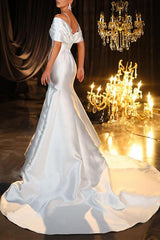 Halter Sleeveless Trumpet Mermaid Sweep Train Satin Wedding Dress
