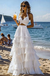 Halter Tiered White 2 Piece Ruffled Formal Dress