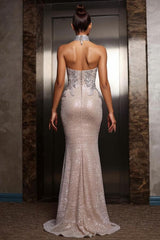 Halter Formal Dress Silver Beaded Sheath/Column Evening Gown