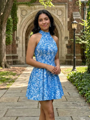 High Neck Halter Floral Brocade Homecoming Dresses Mini Cocktail Dress