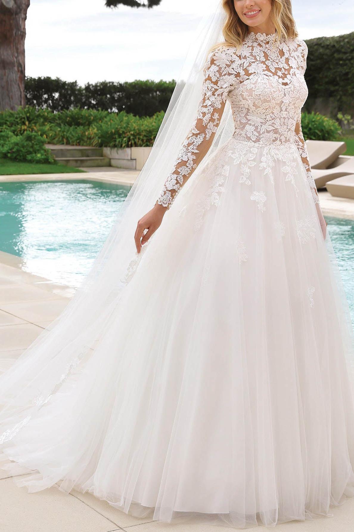 High Neck Lace Long Sleeves Ball Gown Wedding Dress