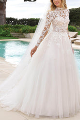 High Neck Lace Long Sleeves Ball Gown Wedding Dress