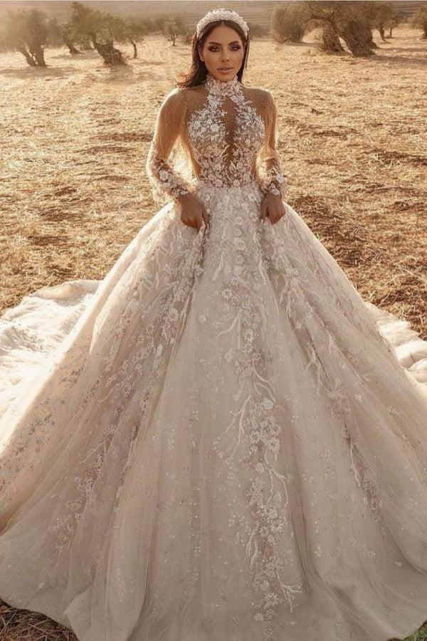 High Neck Long Sleeve A Line Wedding Dress with Lace Appliques and Tulle Train