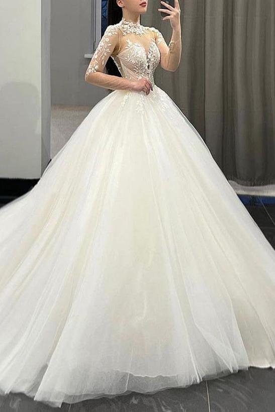 High Neck Long Sleeves Tulle Wedding Dress With Appliques Lace Ball Gown
