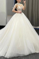 High Neck Long Sleeves Tulle Wedding Dress With Appliques Lace Ball Gown