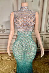 High Neck Mermaid Prom Dress Peacock Green Formal Evening Dress with Rhinestones