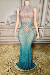 High Neck Mermaid Prom Dress Peacock Green Formal Evening Dress with Rhinestones