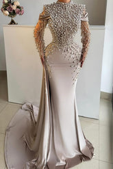 High Neck Mermaid Silver Prom Dress Beaded Sleeves Satin Formal Dress With Pearls