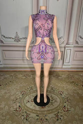 High Neck Mini Homecoming Dress Cut Out Purple Cocktail Party Dress