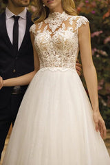 High Neck Sleeveless Lace/Tulle A Line Wedding Dress With Back Hole