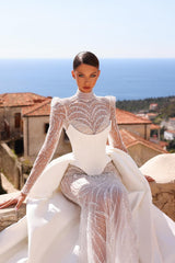 High Neck Wedding Dress Mermaid Beaded Satin Bridal Gown with Panel Train