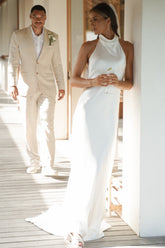 High Neck Beach Wedding Dress Mermaid Backless Boho Bridal Gown