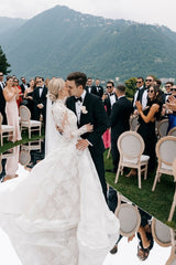 High Neck Long Sleeves Wedding Dress A Line Lace Bridal Gown