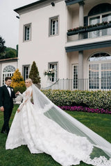 High Neck Long Sleeves Wedding Dress A Line Lace Bridal Gown