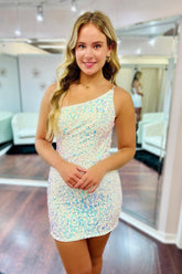 Homecoming Dress Open Back One Shoulder Sequin Tight Short Cocktail Dresses