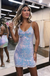 Homecoming Dress Sequin Spaghetti Straps Criss-Cross Straps Back Tight Cocktail Party Dresses