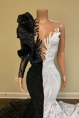 Hot Half Black Half White One Shoulder Long Sleeves Mermaid Prom Dress