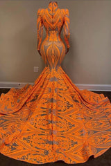 Hot Orange High Neck Long Sleeves Mermaid Sequin Prom Dress