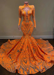 Hot Orange High Neck Long Sleeves Mermaid Sequin Prom Dress