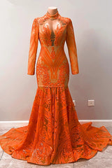 Hot Orange High Neck Long Sleeves Mermaid Sequin Prom Dress