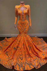 Hot Orange High Neck Long Sleeves Mermaid Sequin Prom Dress