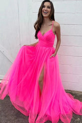 Hot Pink A Line Prom Dress Tulle Long Evening Dress with Pockets