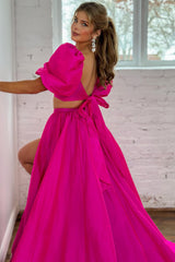 Hot Pink A Line Prom Dress Two Piece Short Sleeves Cocktail Dress with Slit