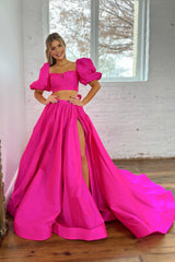 Hot Pink A Line Prom Dress Two Piece Short Sleeves Cocktail Dress with Slit