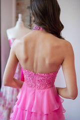 Hot Pink Corset Prom Dress Halter Ruffled Long Wedding Guest Dress with Lace