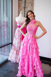 Hot Pink Corset Prom Dress Halter Ruffled Long Wedding Guest Dress with Lace