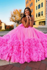 Hot Pink Corset Prom Dress Sweetheart A Line Long Evening Dress with Ruffles
