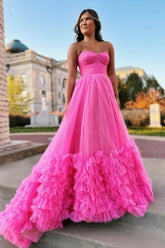 Hot Pink Corset Prom Dress Sweetheart A Line Long Evening Dress with Ruffles