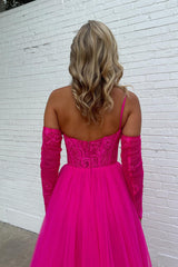 Hot Pink Detachable Long Sleeves A Line Tulle Long Prom Dress with Lace