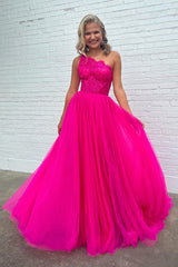 Hot Pink Detachable Long Sleeves A Line Tulle Long Prom Dress with Lace