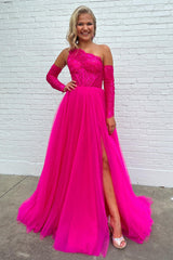 Hot Pink Detachable Long Sleeves A Line Tulle Long Prom Dress with Lace