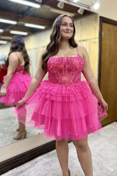 Hot Pink Homecoming Dress A Line Spaghetti Straps Corset Short Prom Dress