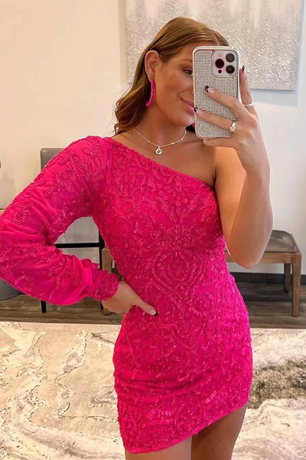 Hot Pink Homecoming Dress Beaded Sequin One Shoulder Tight Prom Dress
