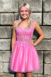 Hot Pink Homecoming Dress Corset Lace A-Line Short Prom Dress