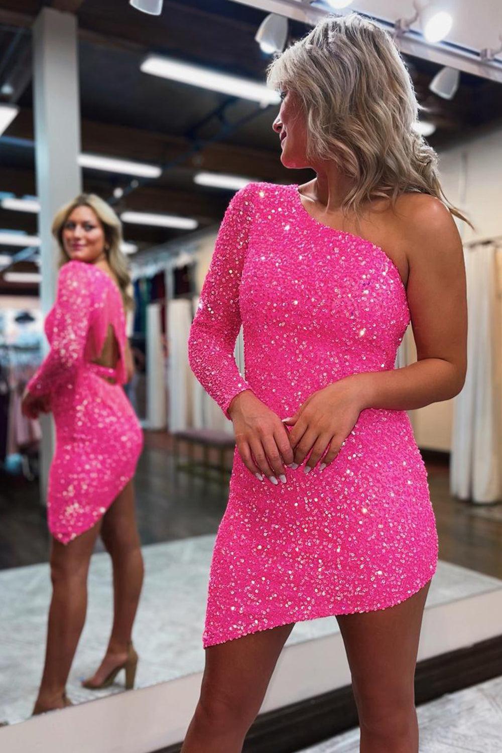 Hot Pink Homecoming Dress One Shoulder One Sleeve Tight Cocktail Party Dresses with Fringes
