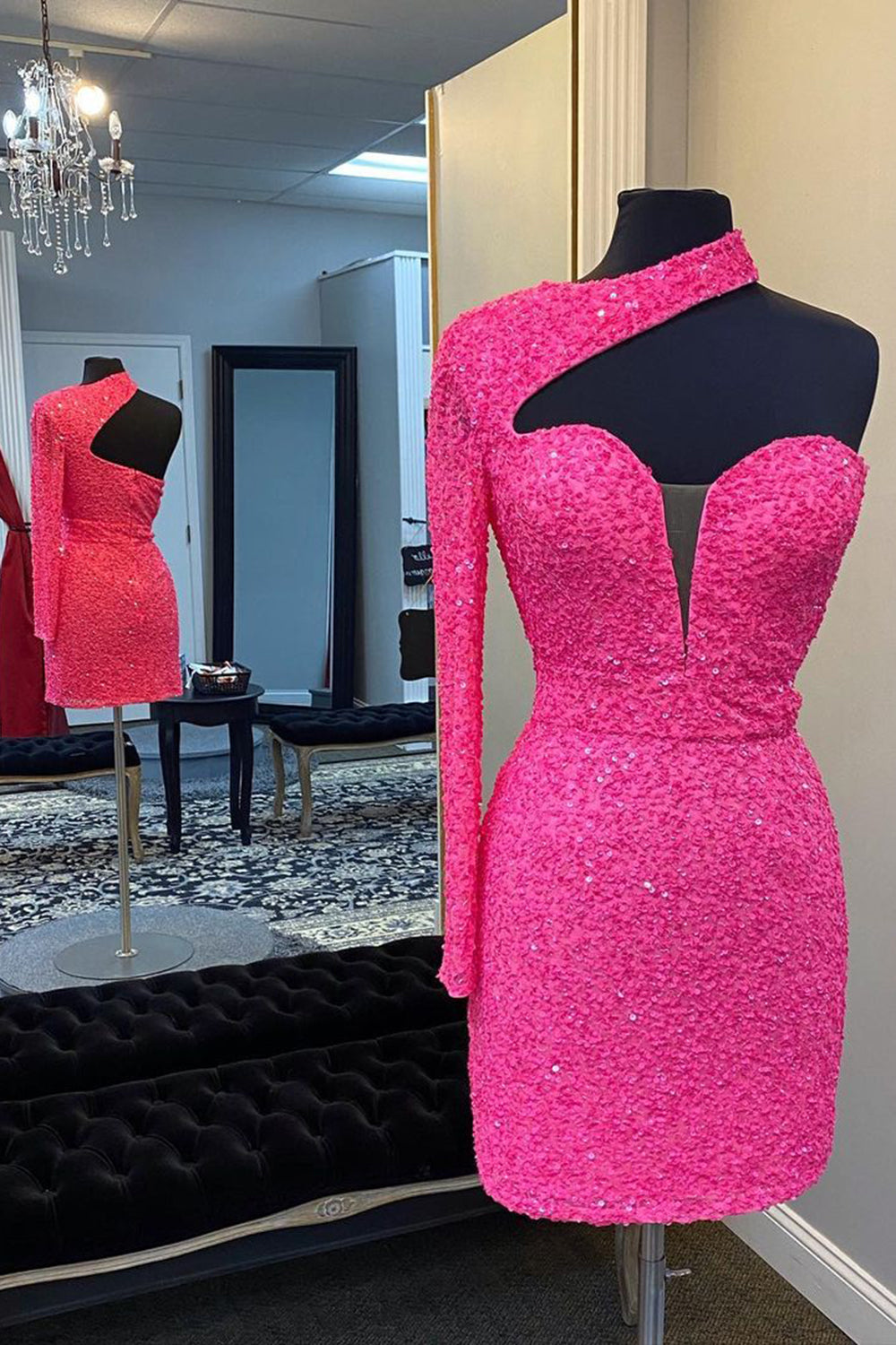 Hot Pink Homecoming Dress One Shoulder One Sleeves Tight Sequin Short Prom Dress