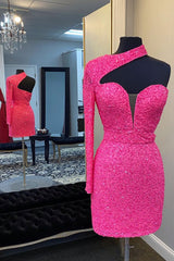Hot Pink Homecoming Dress One Shoulder One Sleeves Tight Sequin Short Prom Dress