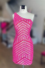 Hot Pink Homecoming Dress One Shoulder Sequin Tight Short Cocktail Dresses
