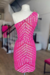 Hot Pink Homecoming Dress One Shoulder Sequin Tight Short Cocktail Dresses