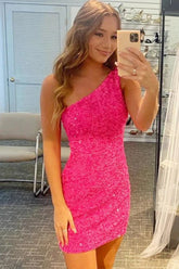 Hot Pink Homecoming Dress Open Sequin One Shoulder Tight Cocktail Party Dresses