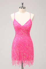 Hot Pink Homecoming Dress Sequin Spaghetti Straps Tight Short Prom Dress With Fringes