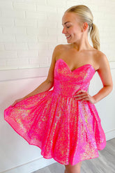 Hot Pink Homecoming Dress Sequin Sweetheart A-Line Short Cocktail Dresses