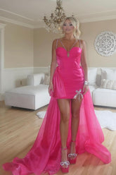Hot Pink Homecoming Dress Spaghetti Straps High Low Prom Dress