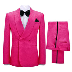 Hot Pink Jacquard Double Breasted Shawl Lapel Wedding Suit