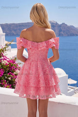 Hot Pink Lace Beaded Ruffled Off The Shoulder A Line Short Homecoming Dress